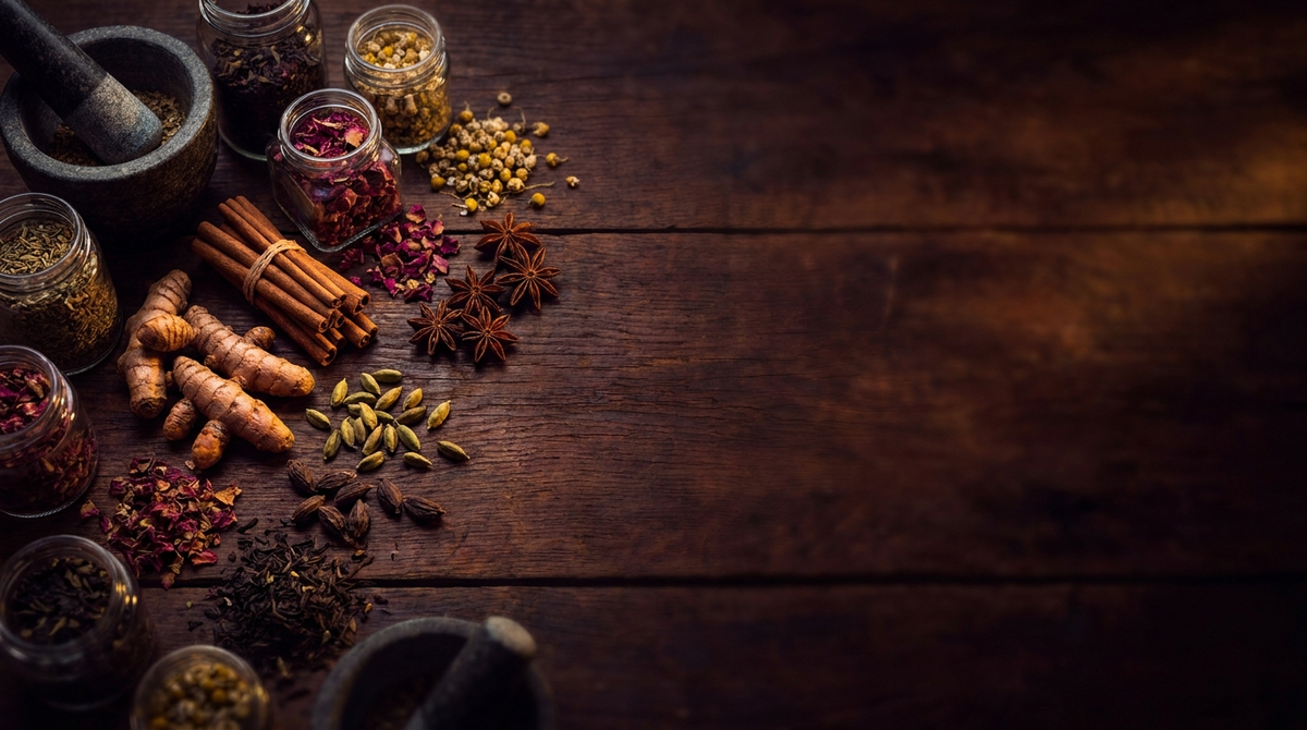 About Us premium hero banner - herbs and spices flat lay