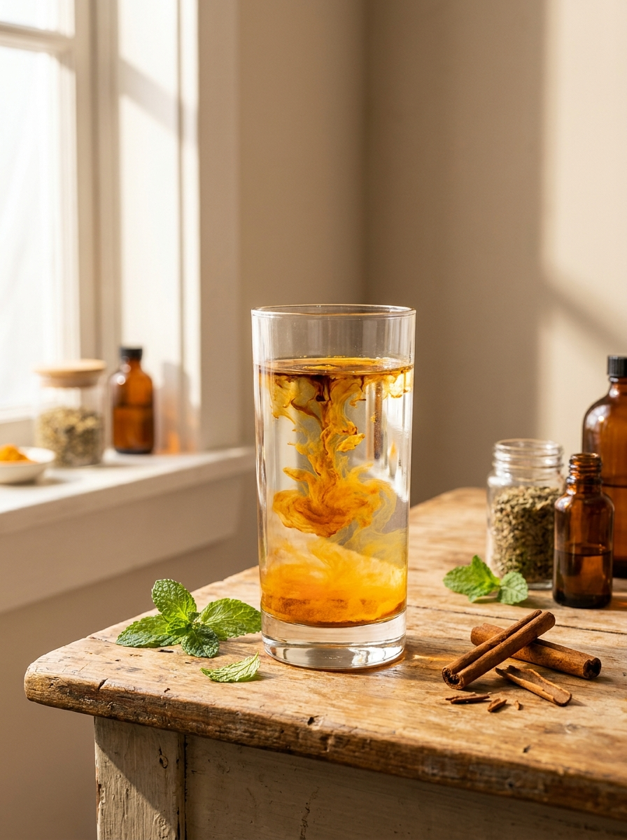 Glass of water infused with turmeric and herbs